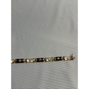 ONYX MOTHER OF PEARL GOLD VINTAGE BRACELET ORIENTAL MOTIF 8 Symbols